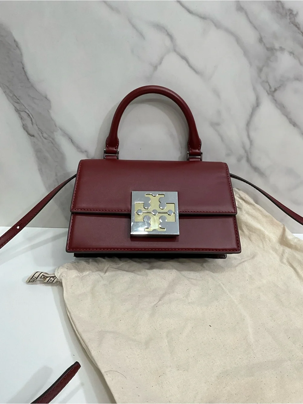 TORY BURCH Bon Bon Spazzolato Leather Mini Top Handle Crossbody Bag Burgundy